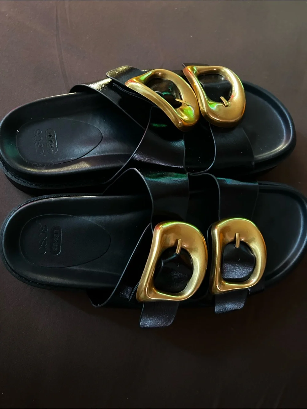 Women’s Black Slide Sandals with Gold Buckle Accents